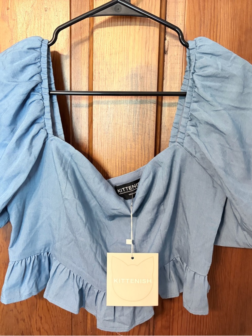 Kittenish Powder Blue Puff-Sleeve Ruffle Crop Top - Picture 2 of 3